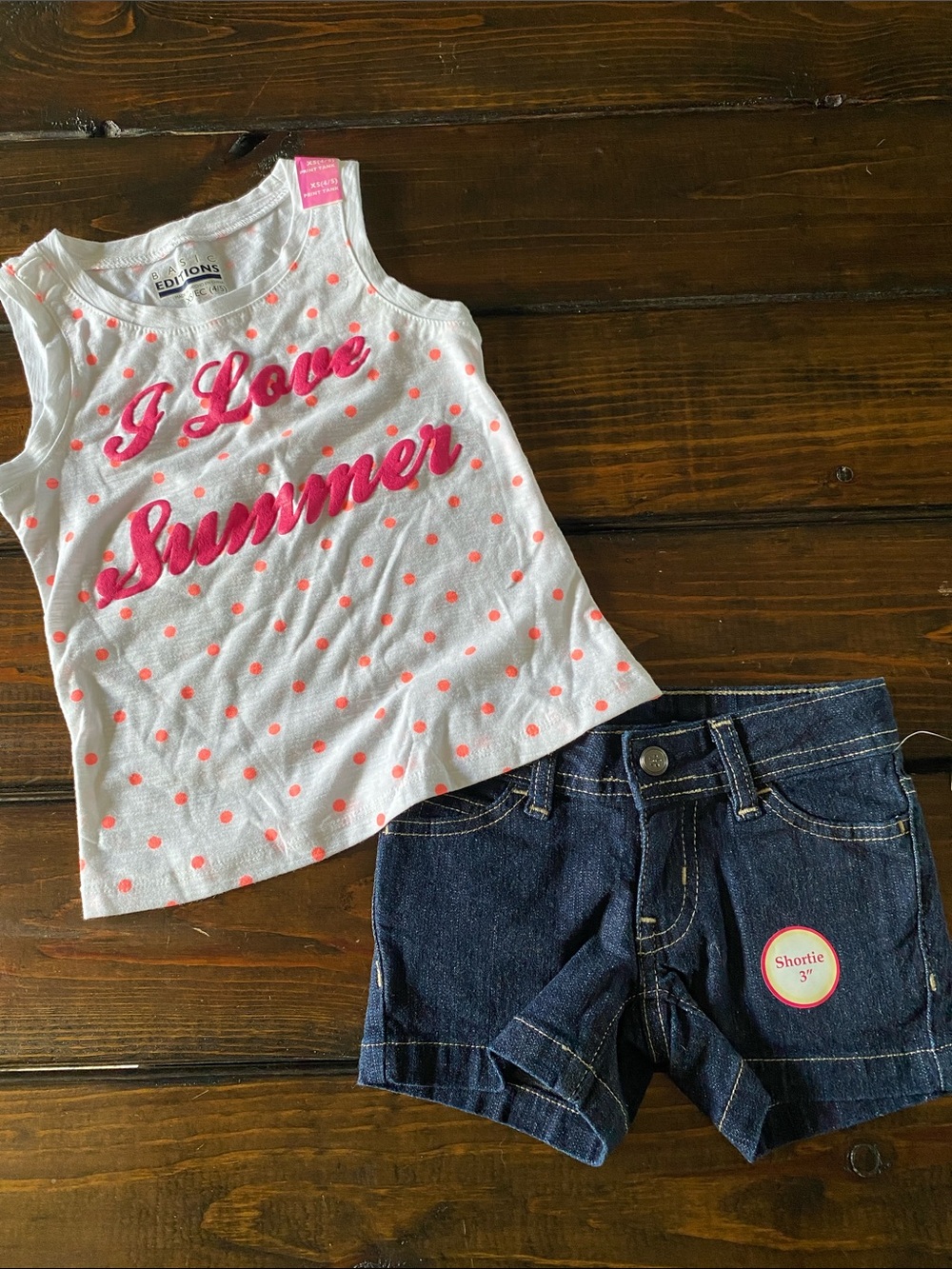 Girls' Tank Top with Neon Orange Polka Dots - Adjustable Waist Jean Shorts New!